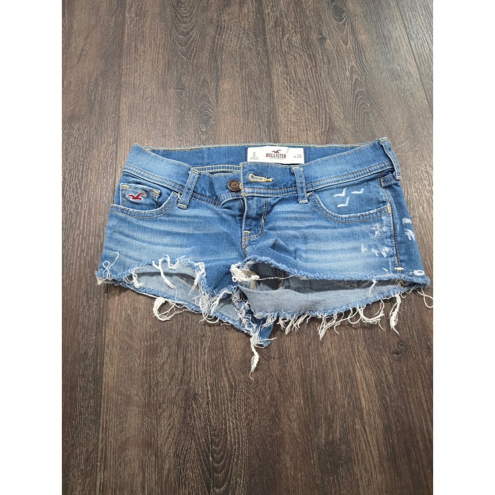 Hollister Low Rise Denim Shorts Medium Wash Distressed Raw Hem Cut Off Size0 W24
